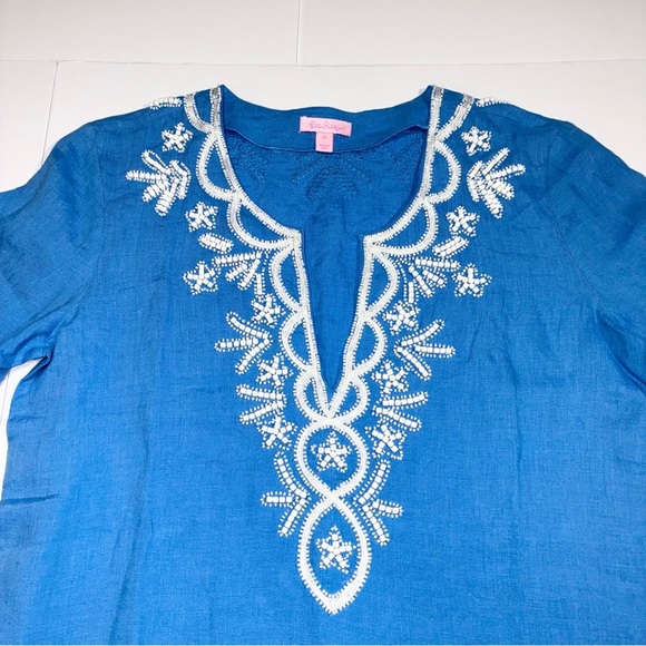 Lilly Pulitzer Amelia Island Blue Linen Tunic Medium Top Beaded Resort - Picture 8 of 11